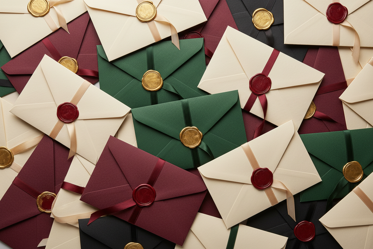 the envelopes need to be more premium, wax only gold and red, no logo